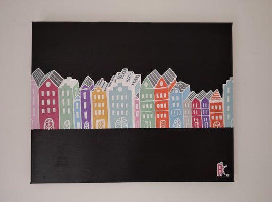 Peinture KOA Homes exposée en intérieur, œuvre contemporaine pop graphique et décorative
