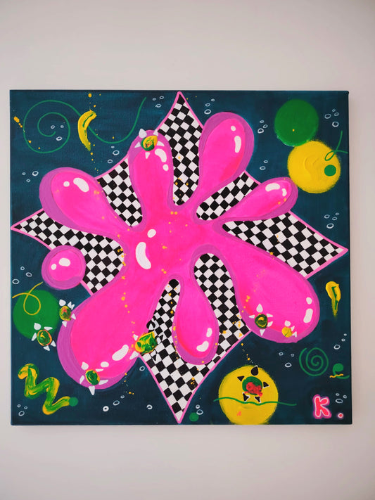 Peinture KOA Splash Me If You Can exposée en intérieur, œuvre contemporaine pop art et expressive