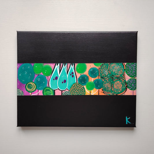 Peinture KOA Trees exposée en intérieur, œuvre contemporaine pop graphique et décorative