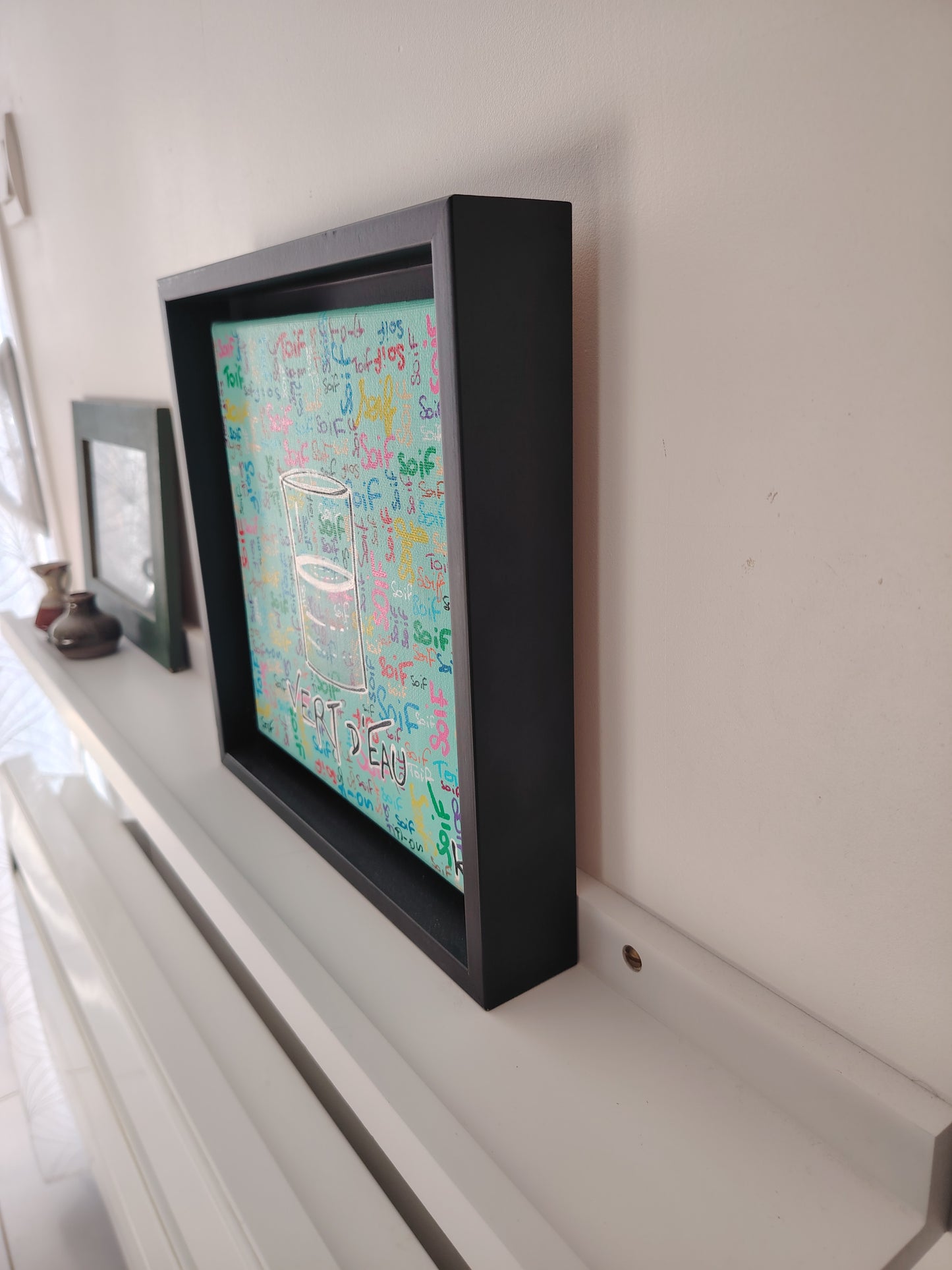 Côté de l’œuvre KOA Vert d’eau sur châssis bois, peinture originale contemporaine 20x20 cm