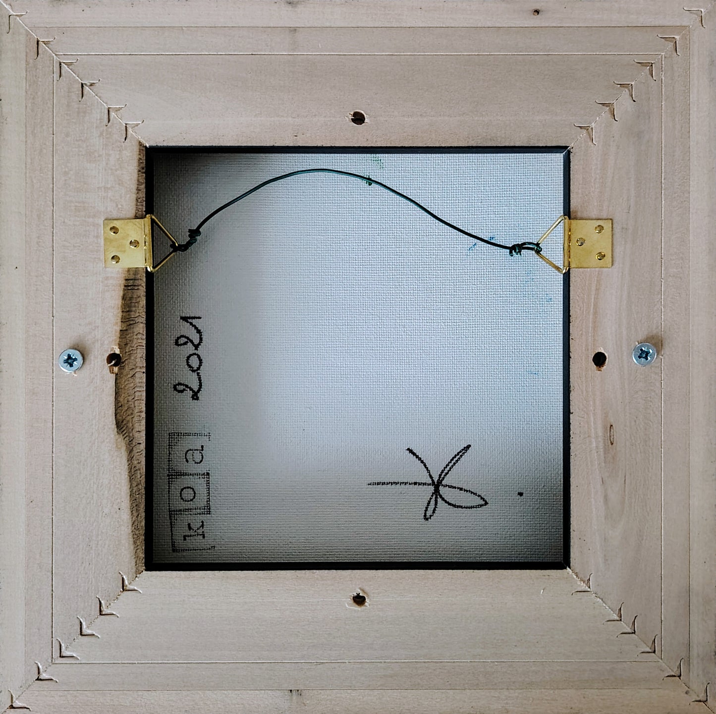 Revers de l’œuvre KOA Vert Sapin sur châssis bois, peinture originale contemporaine 20x20 cm