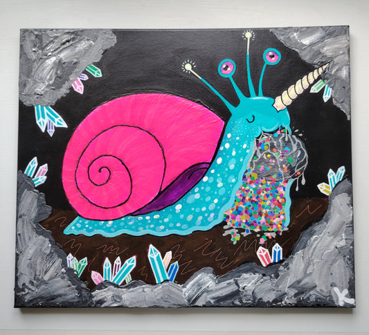 Peinture KOA Bigorlithos exposée en intérieur, œuvre contemporaine pop art fantastique et décorative