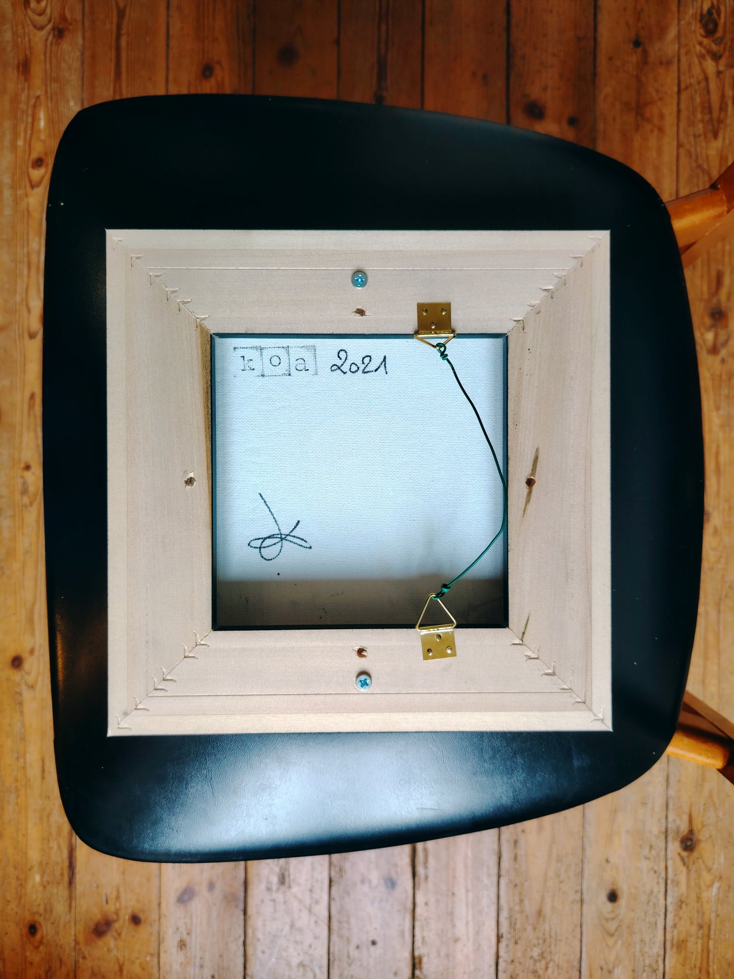 Revers de l’œuvre KOA Bleu Canard sur châssis bois, peinture originale contemporaine 20x20 cm vendue