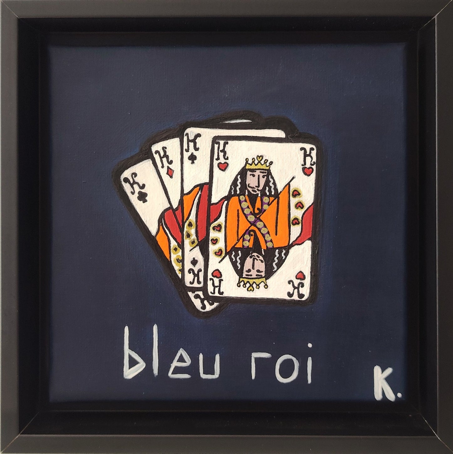 Œuvre originale KOA Bleu Roi peinture acrylique sur toile 20x20 cm art contemporain pop graphique cartes à jouer avec caisse américaine