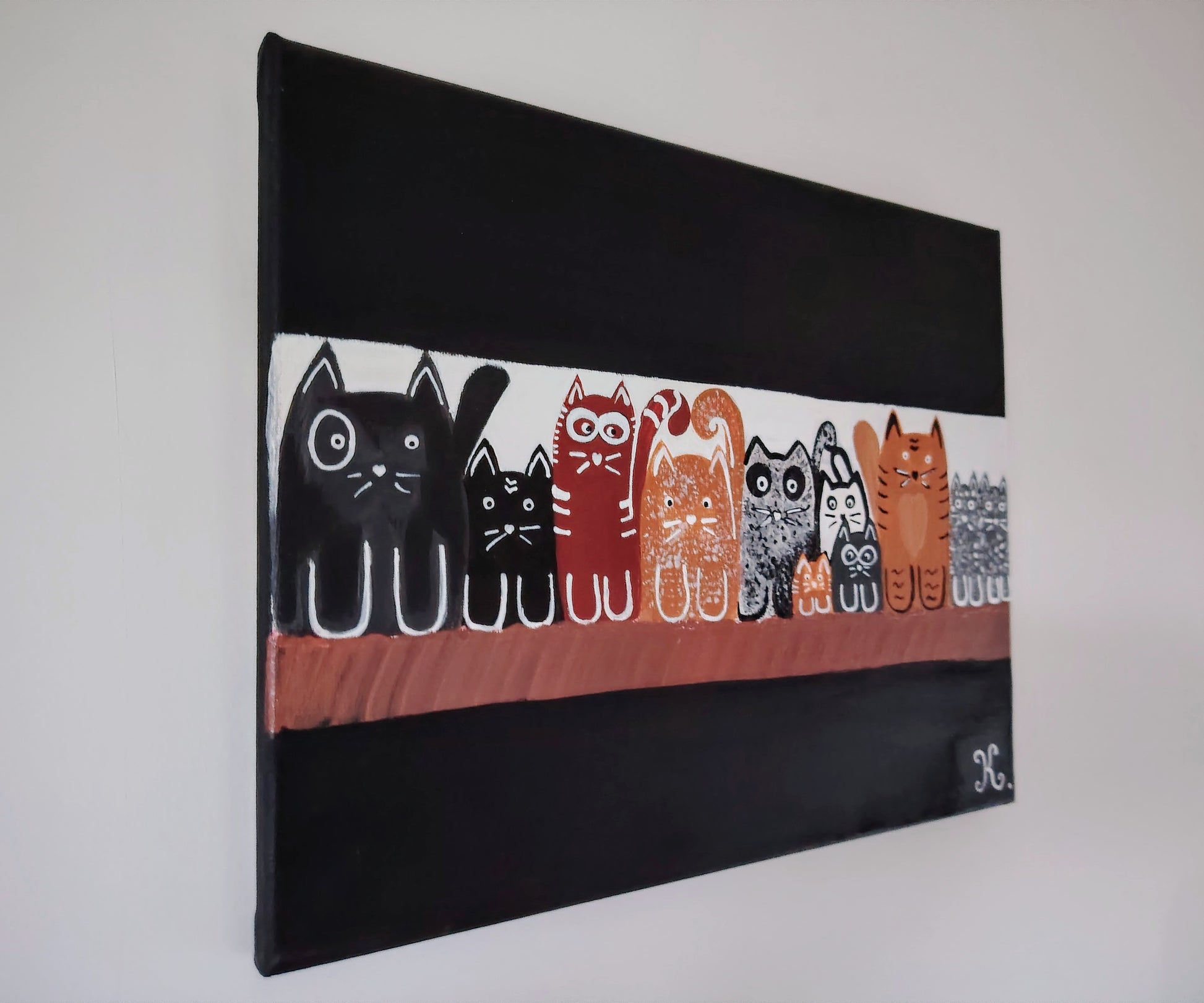 Tranche de l’œuvre KOA Cats sur châssis bois, peinture originale contemporaine