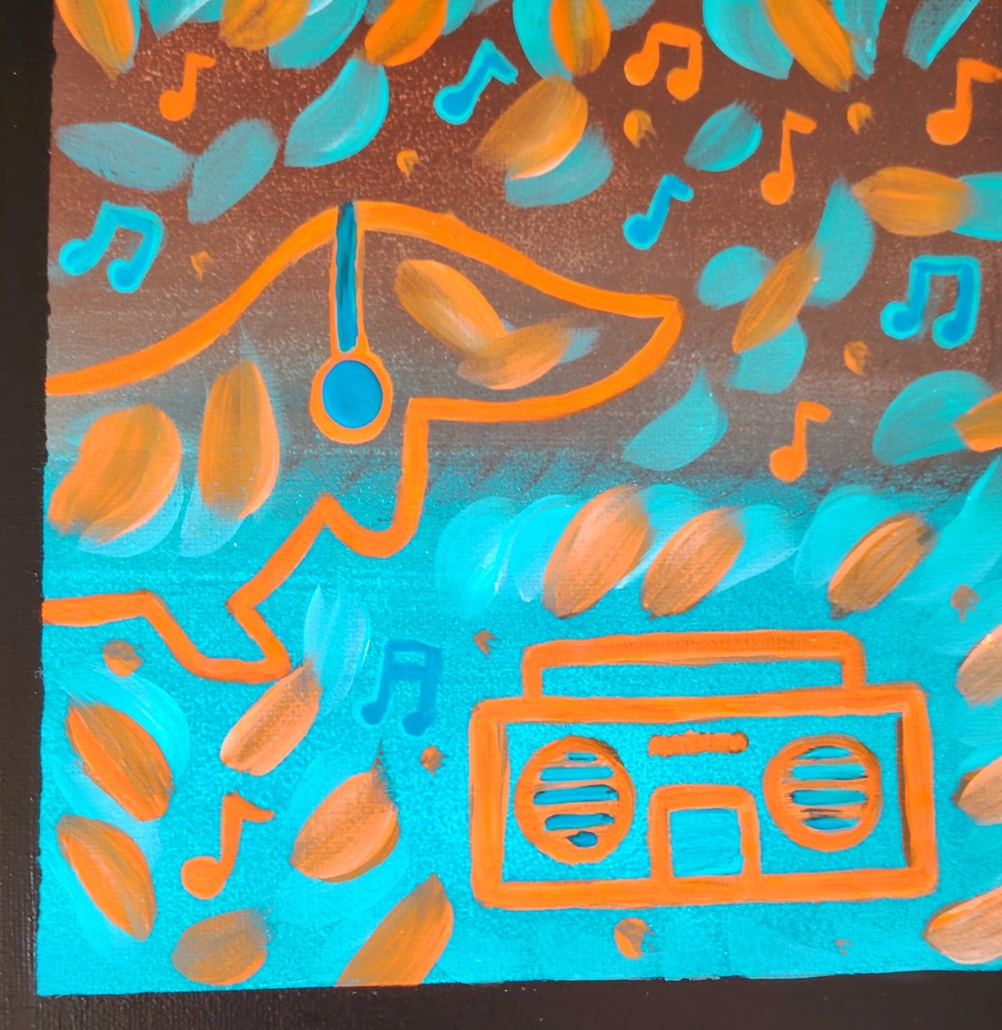 Détail de la peinture KOA Fenêtre sur cour, composition en scènes multiples et teckels stylisés