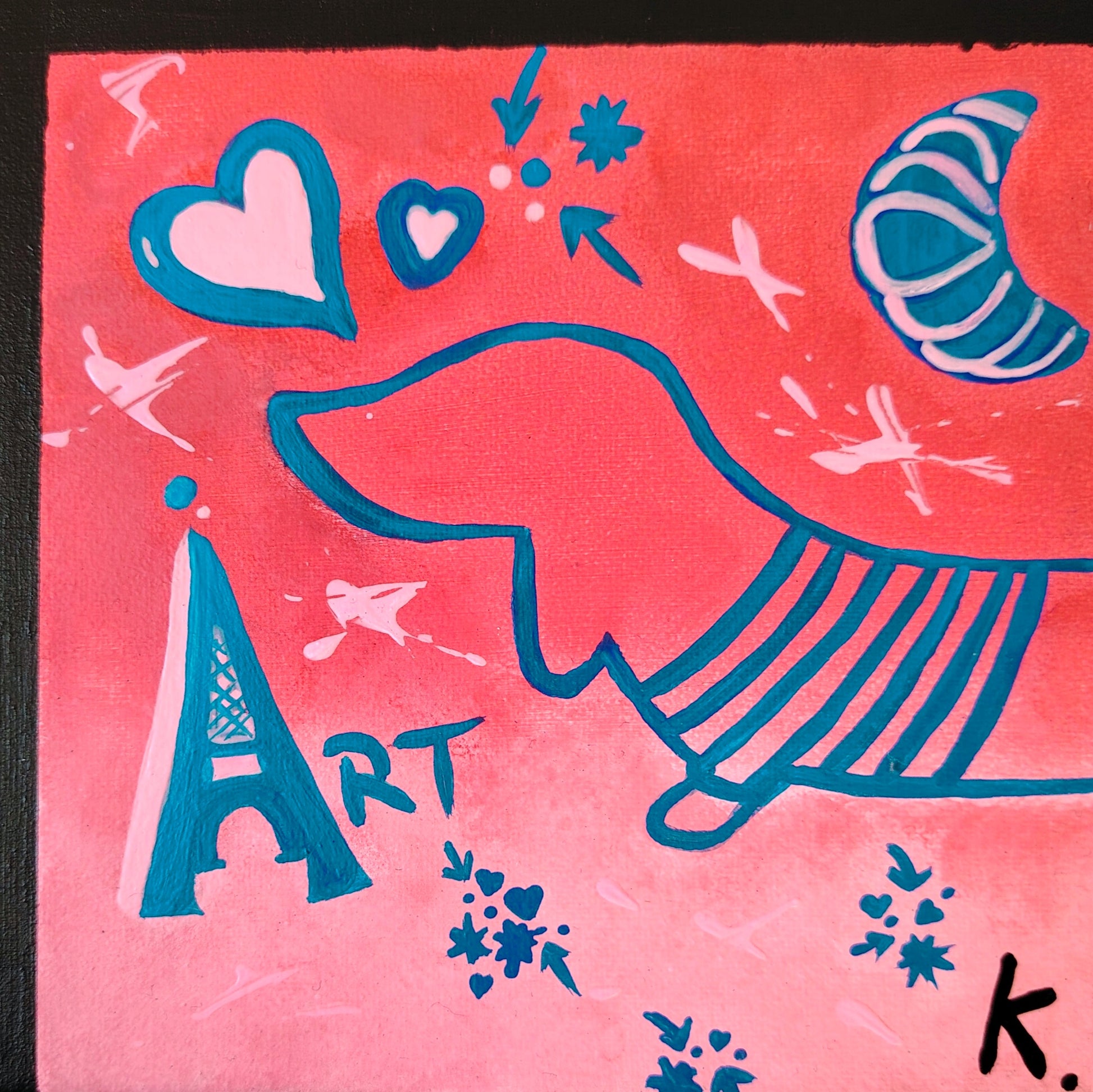 Détail de la peinture KOA Fenêtre sur cour, composition en scènes multiples et teckels stylisés