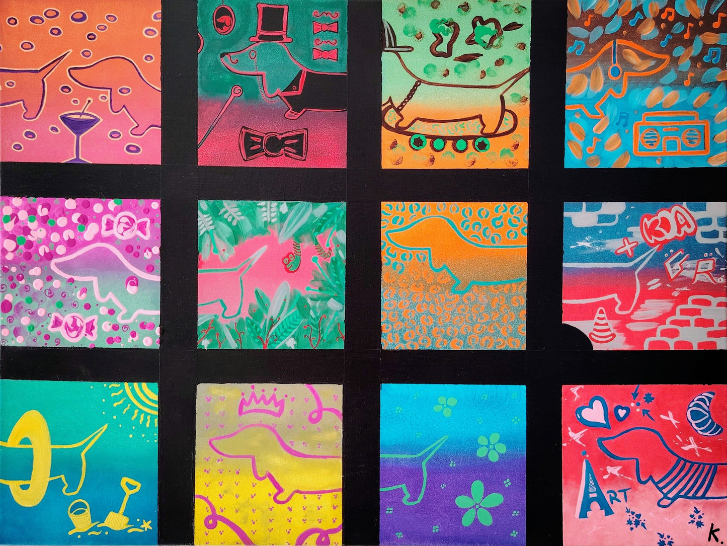 Œuvre originale KOA Fenêtre sur cour peinture acrylique sur toile 60x80 cm art contemporain pop graphique teckels