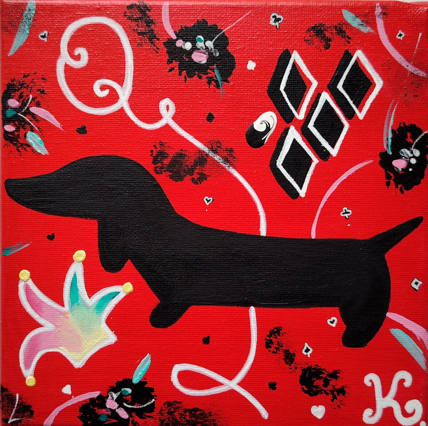 Œuvre originale KOA Harley Quinn peinture acrylique sur toile 20x20 cm art contemporain pop graphique teckel inspiré harley quinn