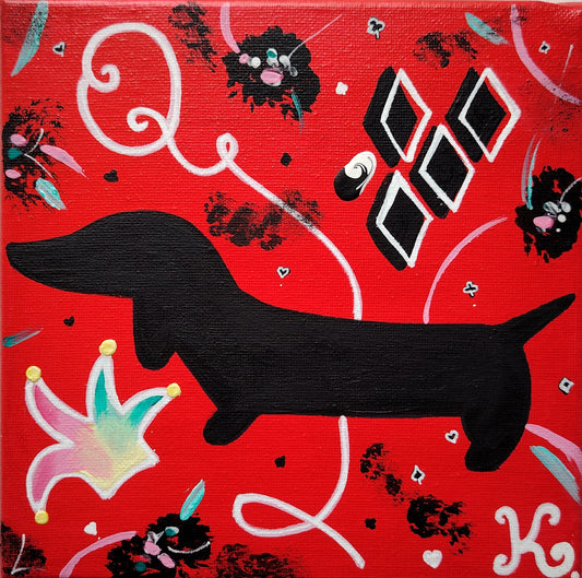 Œuvre originale KOA Harley Quinn peinture acrylique sur toile 20x20 cm art contemporain pop graphique teckel inspiré harley quinn