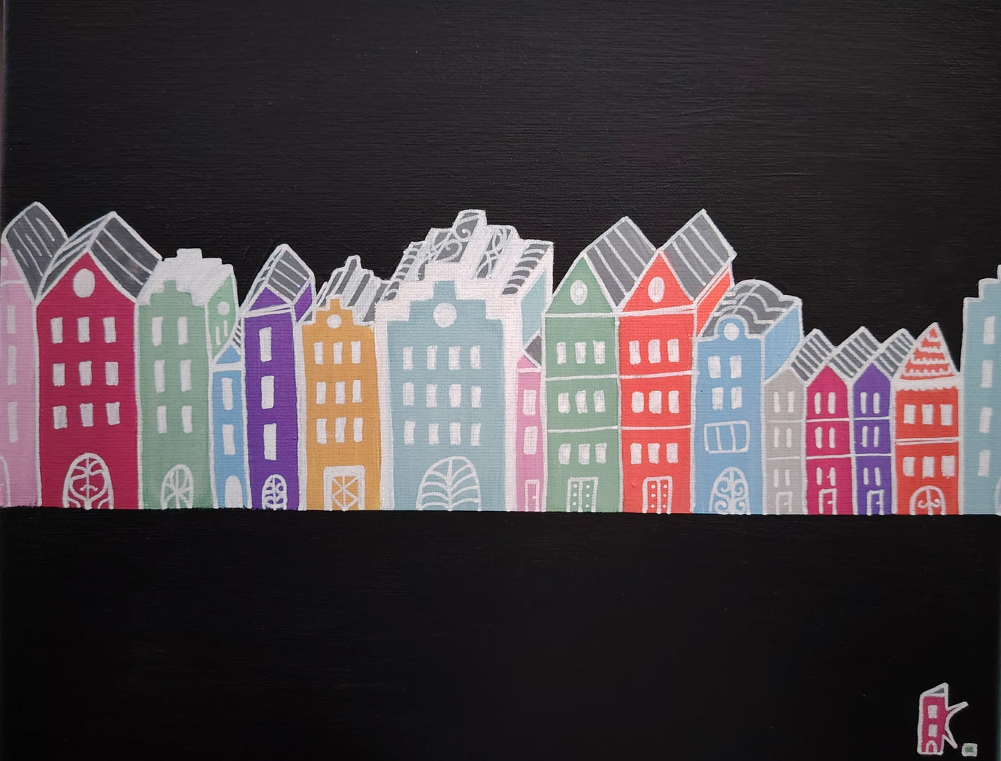 Œuvre originale KOA Homes peinture acrylique sur toile 24x30 cm art contemporain pop graphique maisons colorées