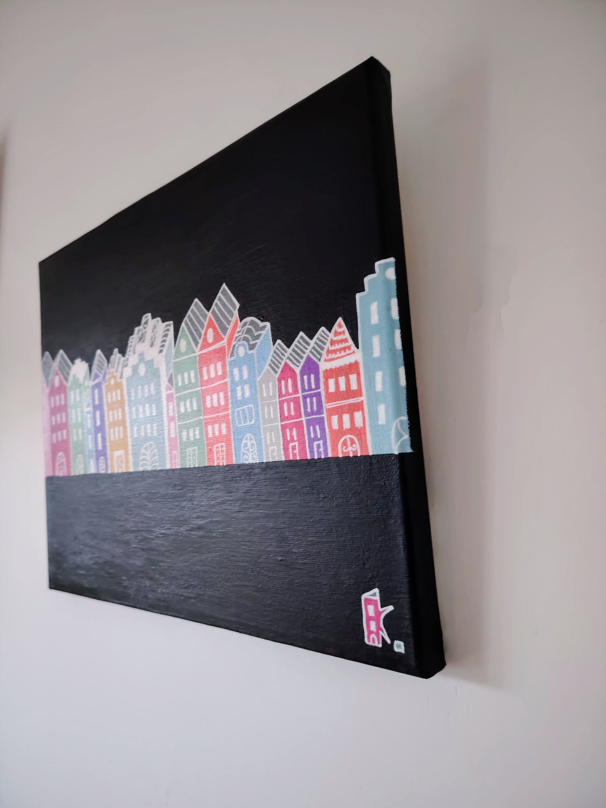 Tranche de l’œuvre KOA Homes sur châssis bois, peinture originale contemporaine 24x30 cm