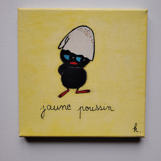 Peinture KOA vendue Jaune Poussin exposée en intérieur, œuvre pop art graphique et décorative