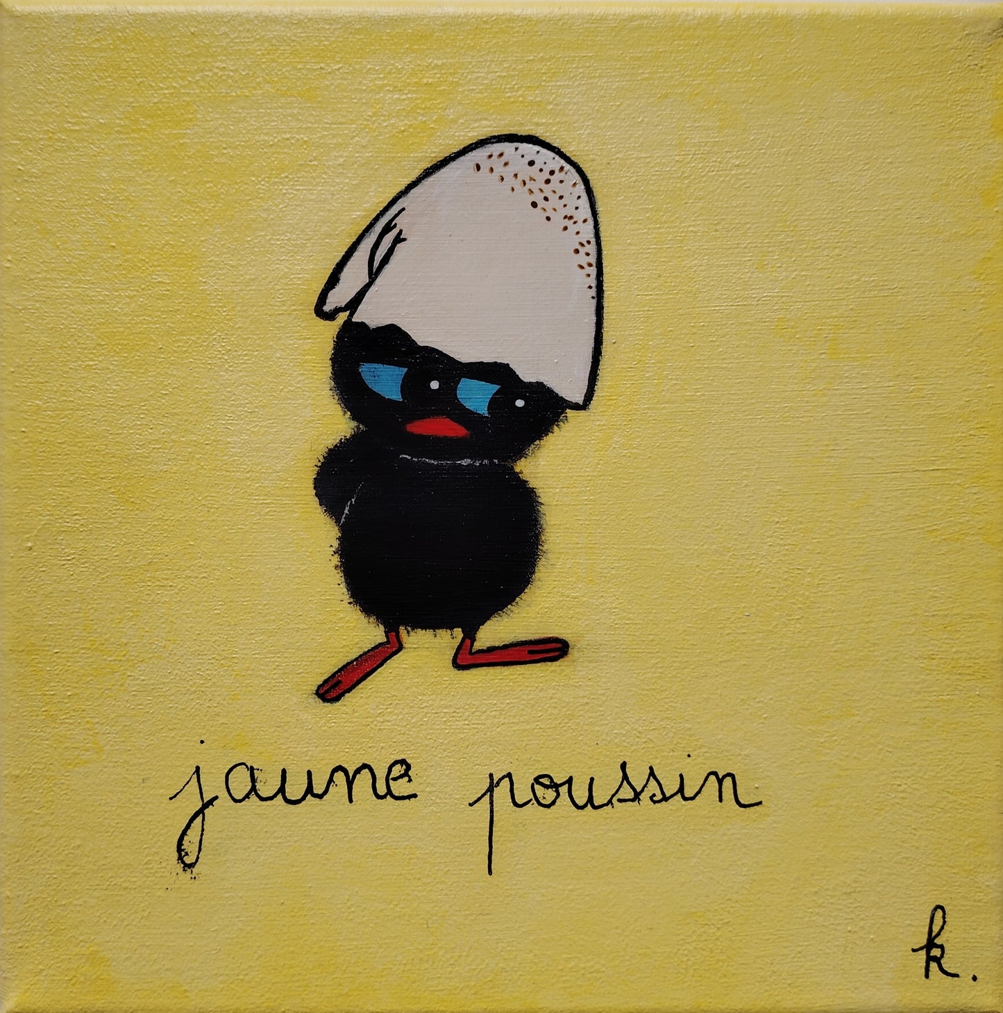 Œuvre originale vendue KOA Jaune Poussin peinture acrylique sur toile 20x20 cm art contemporain pop graphique