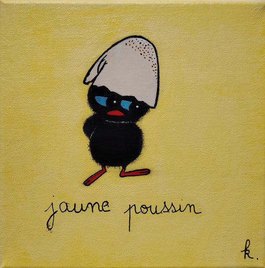 Œuvre originale vendue KOA Jaune Poussin peinture acrylique sur toile 20x20 cm art contemporain pop graphique
