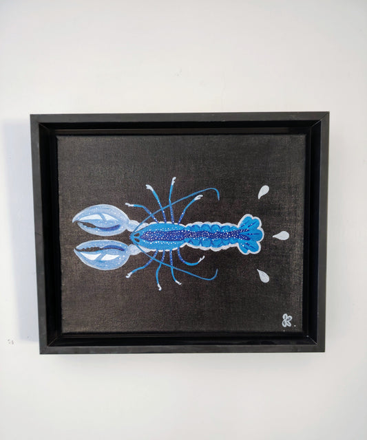 Peinture KOA Le Homard exposée en intérieur, œuvre contemporaine pop graphique et décorative avec caisse américaine