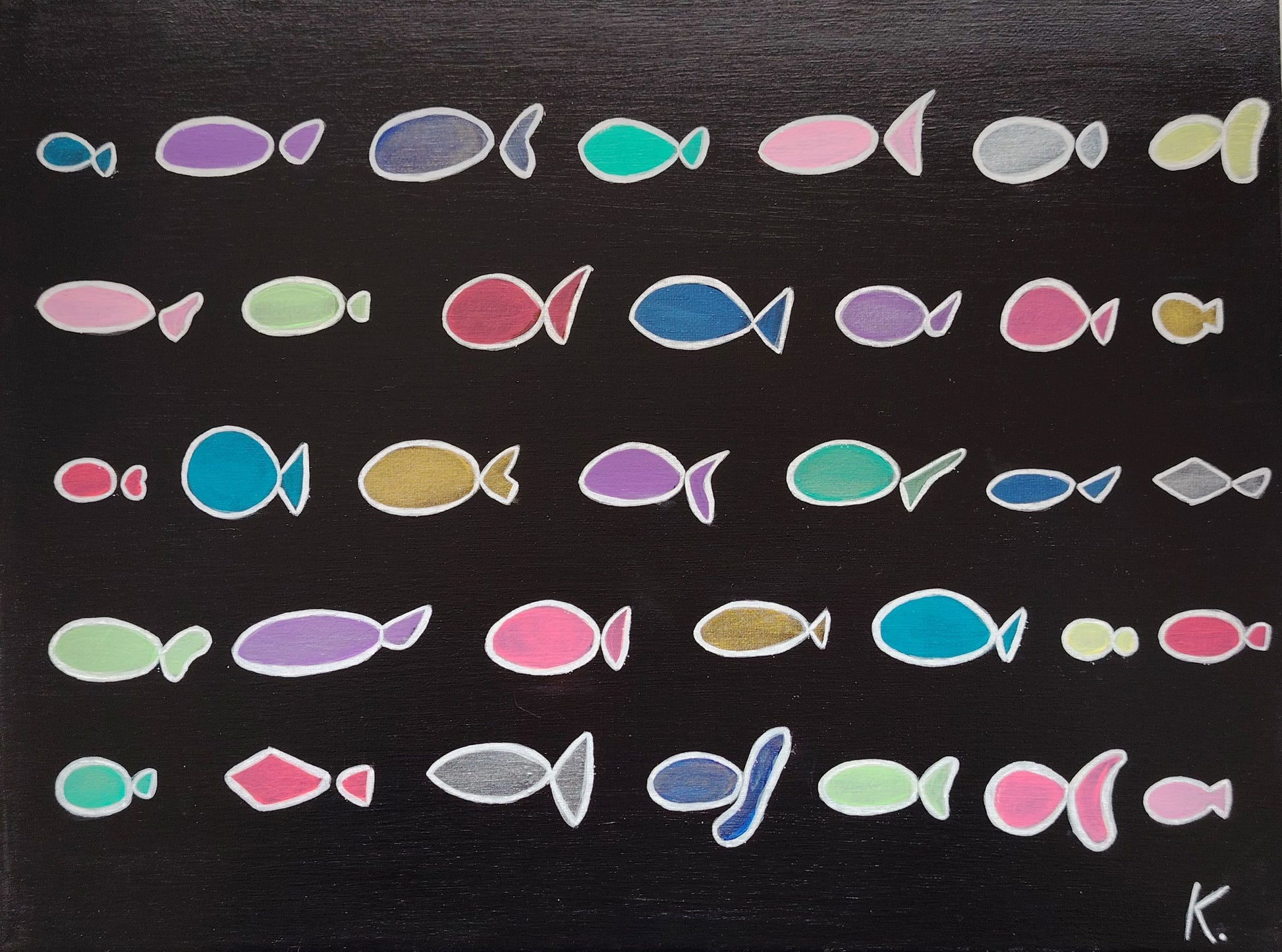 Œuvre originale KOA Les Poissons peinture acrylique sur toile 30x40 cm art contemporain pop graphique poissons stylisés