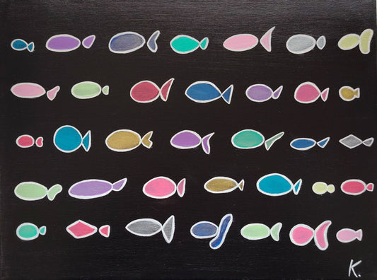 Œuvre originale KOA Les Poissons peinture acrylique sur toile 30x40 cm art contemporain pop graphique poissons stylisés