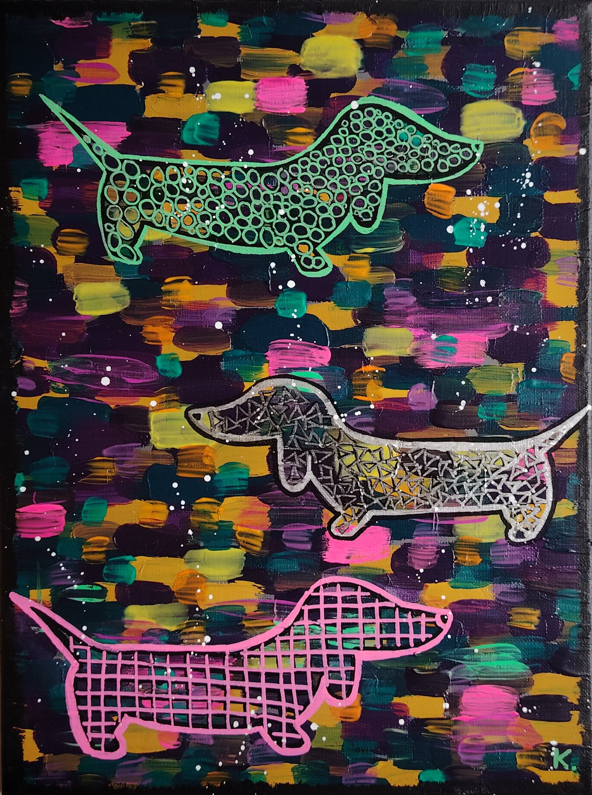 Œuvre originale KOA Play peinture acrylique sur toile 40x30 cm art contemporain pop graphique teckel stylisé