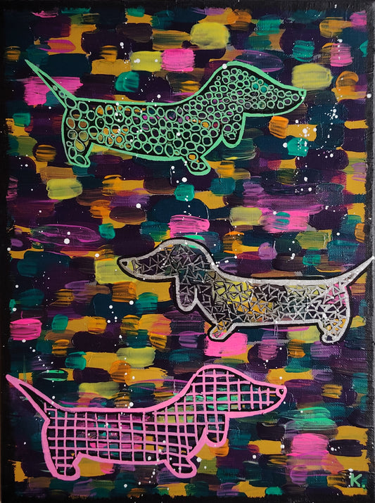 Œuvre originale KOA Play peinture acrylique sur toile 40x30 cm art contemporain pop graphique teckel stylisé