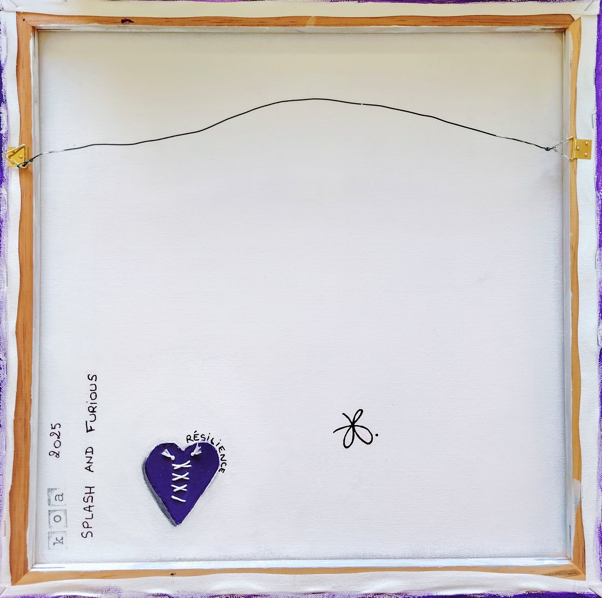 Revers de l’œuvre KOA Splash and Furious sur châssis bois, peinture originale contemporaine 50x50 cm suture fil résilience
