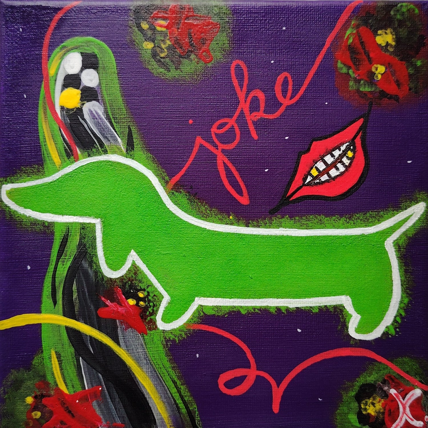 Œuvre originale KOA The Joker peinture acrylique sur toile 20x20 cm art contemporain pop graphique teckel inspiré joker