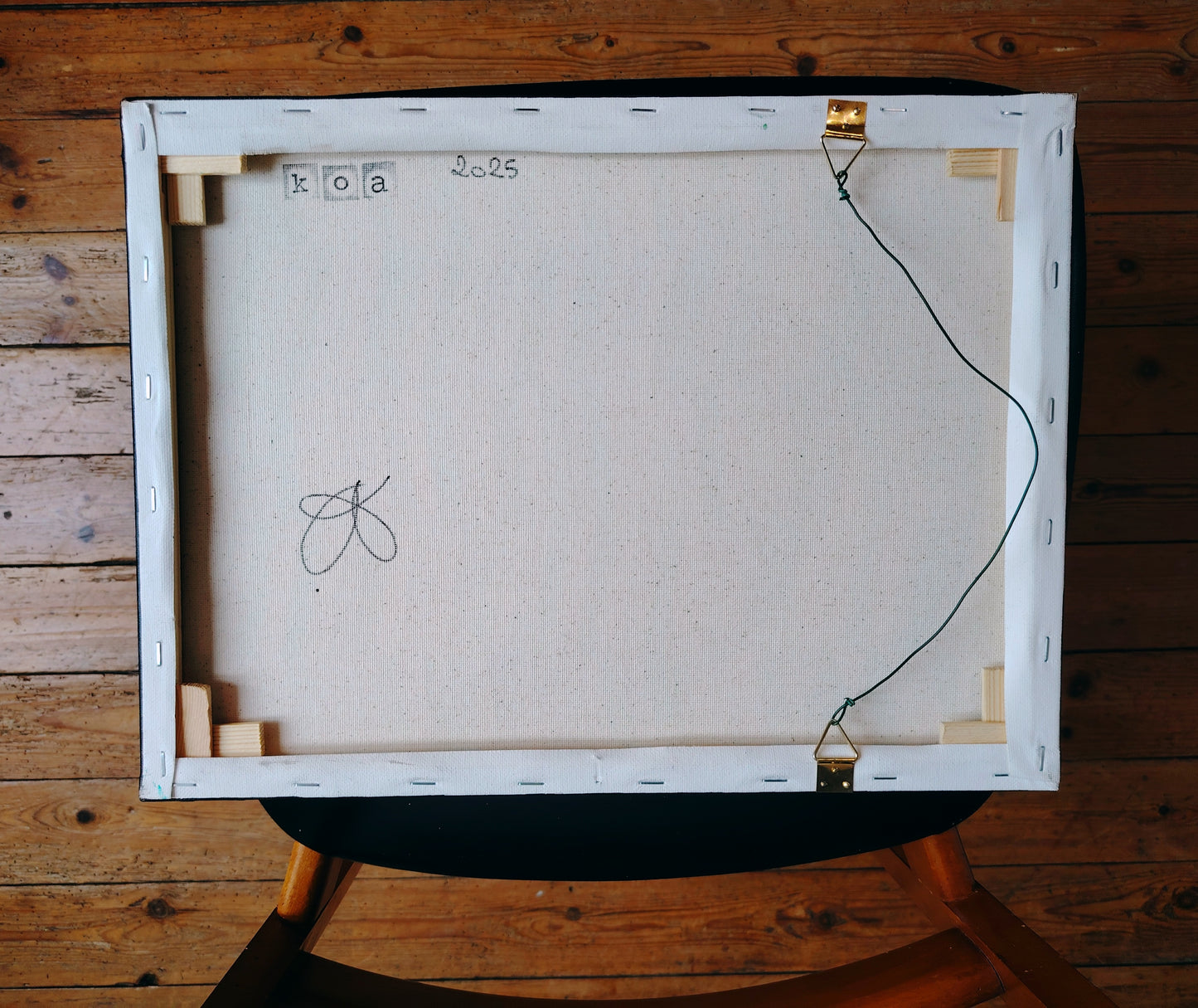 Revers de l’œuvre KOA Tiens-toi à carreaux sur châssis bois, peinture originale contemporaine