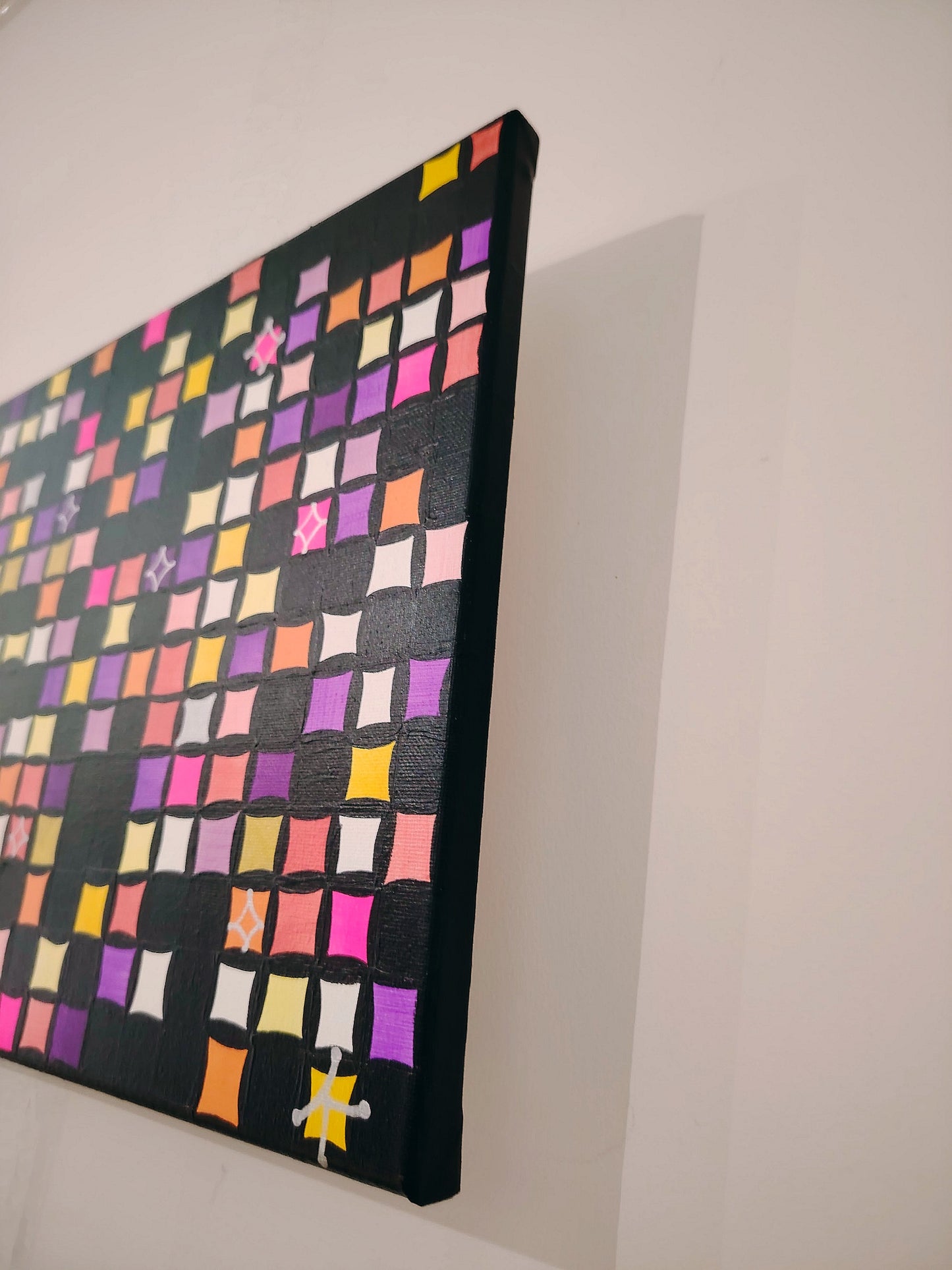 Tranche de l’œuvre KOA Tiens-toi à carreaux sur châssis bois, peinture originale contemporaine