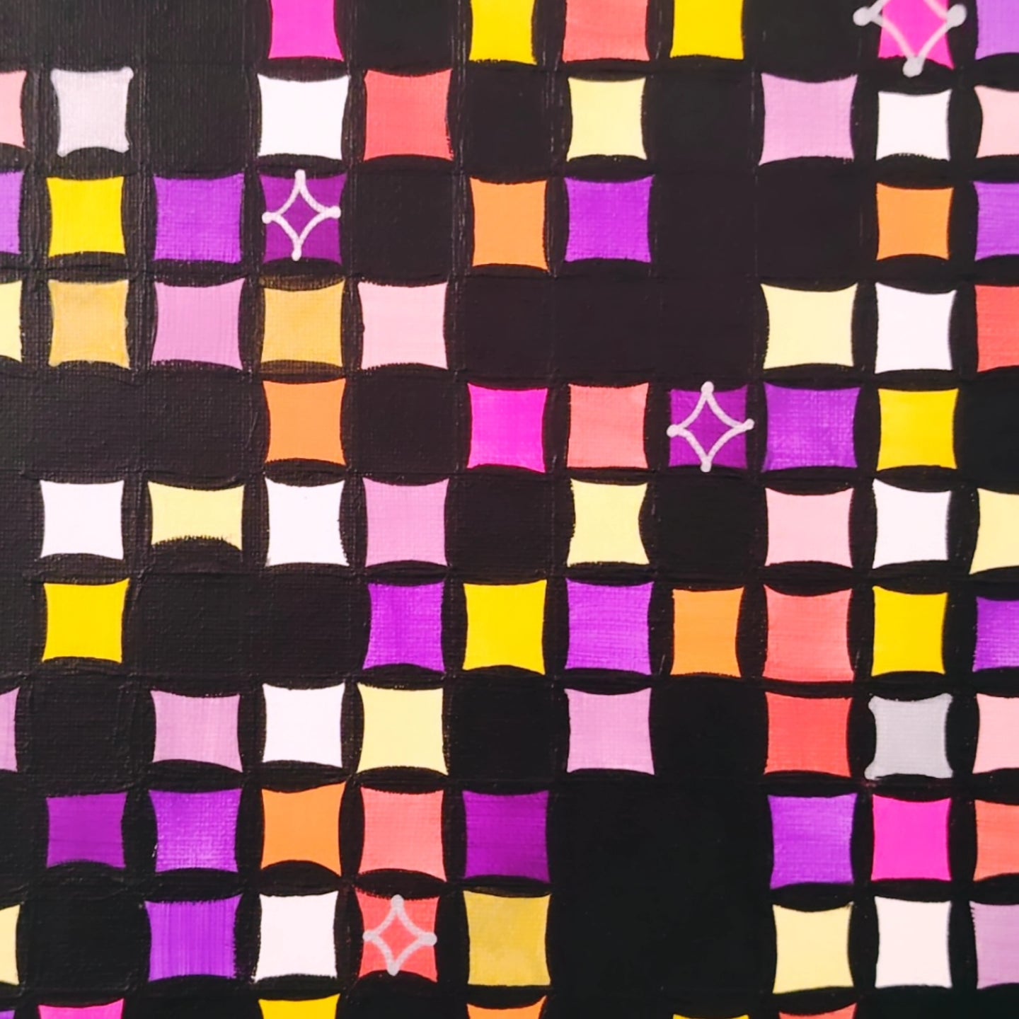 Détail de la peinture acrylique KOA Tiens-toi à carreaux, motifs de carreaux colorés et texture artistique