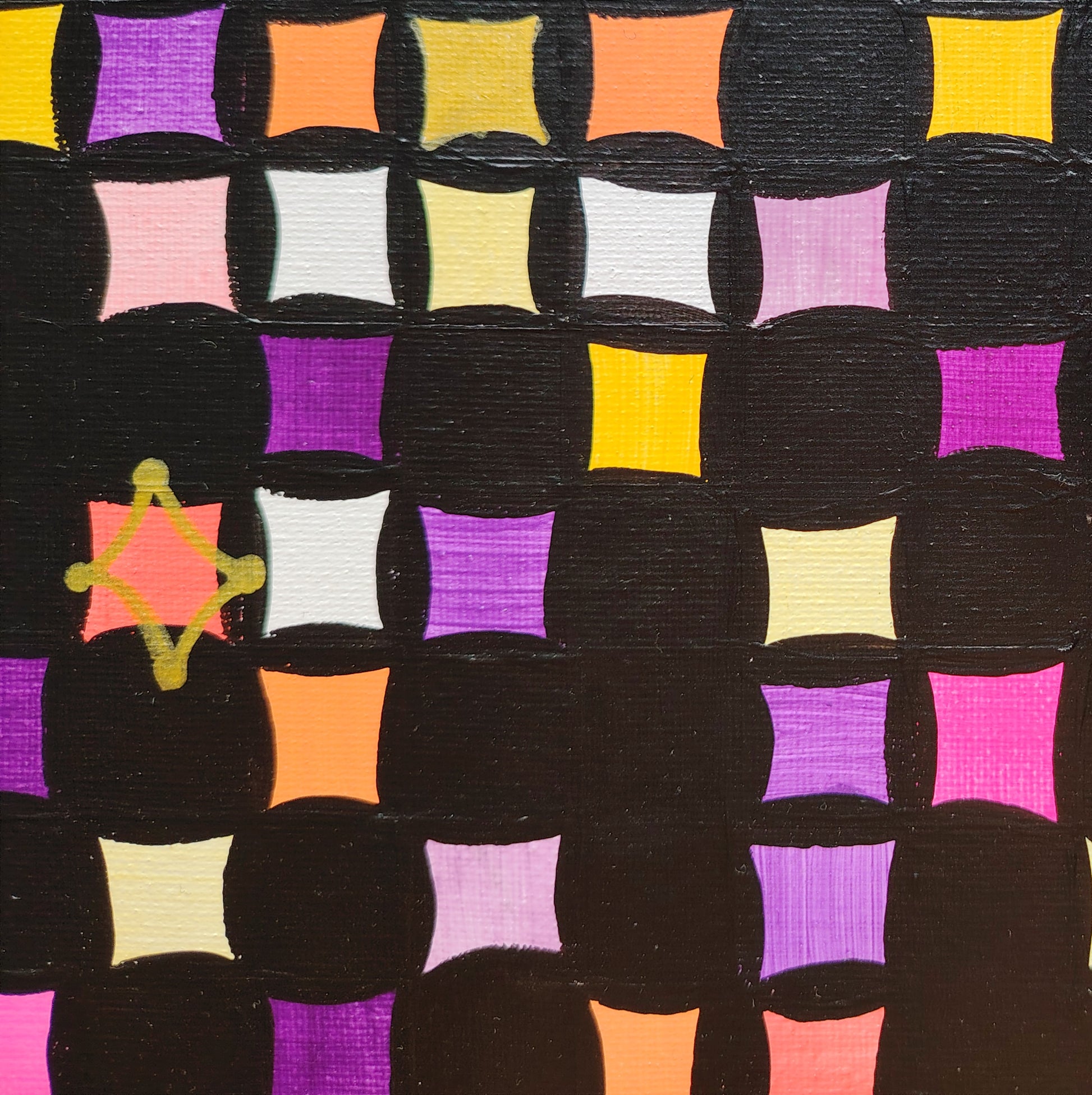 Détail de la peinture acrylique KOA Tiens-toi à carreaux, motifs de carreaux colorés et texture artistique