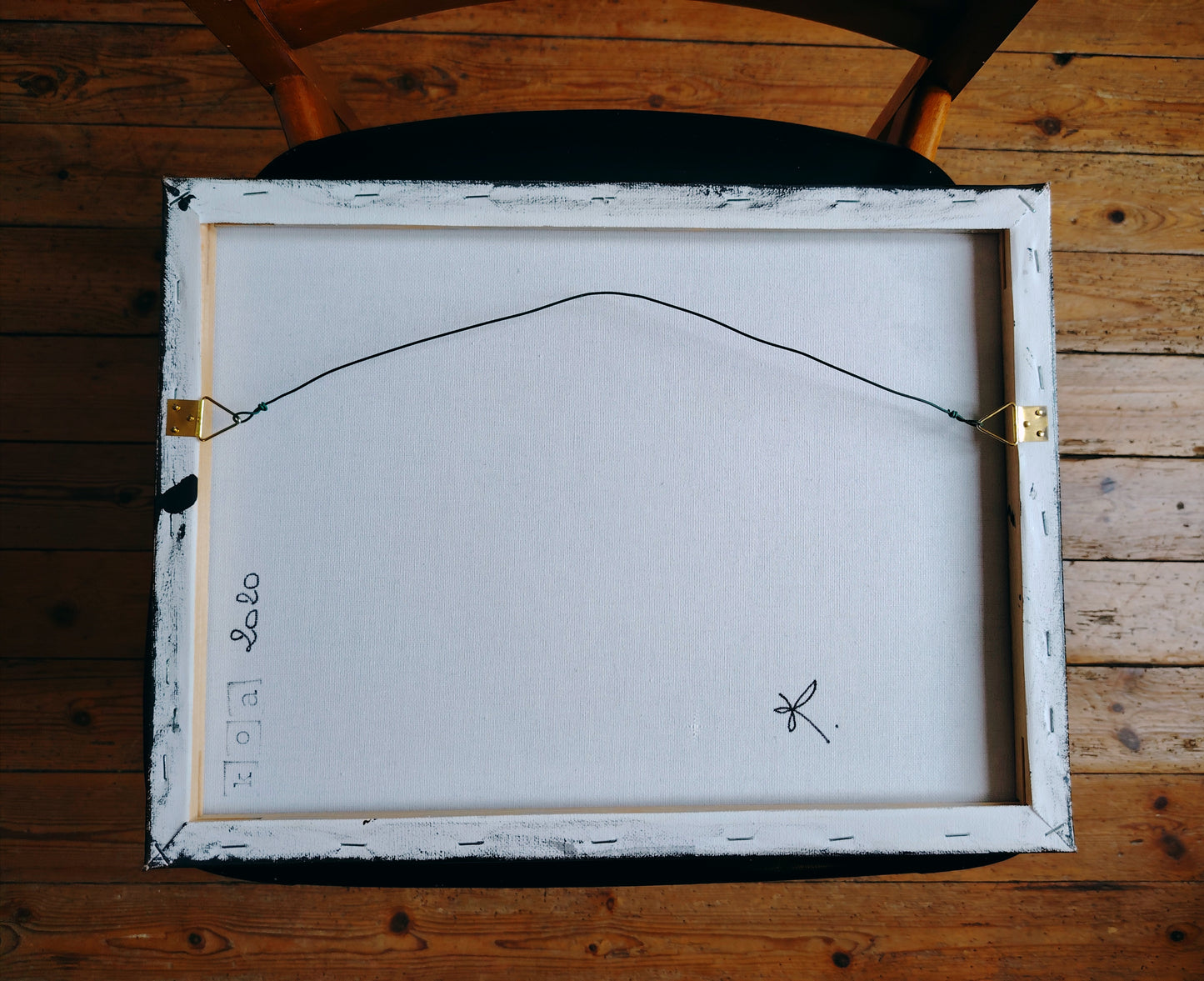 Revers de l’œuvre KOA Tu tombes à pique sur châssis bois, peinture originale contemporaine
