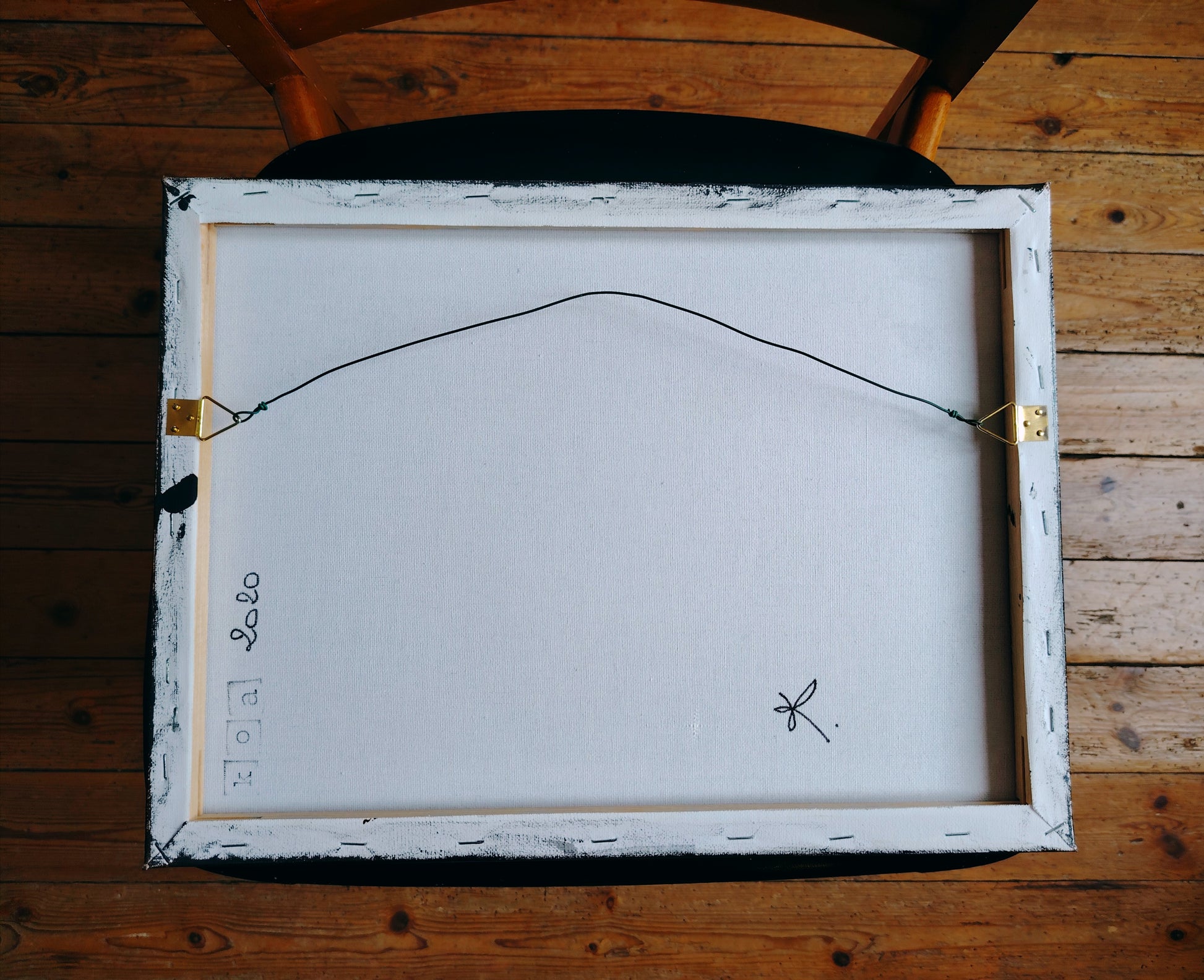 Revers de l’œuvre KOA Tu tombes à pique sur châssis bois, peinture originale contemporaine