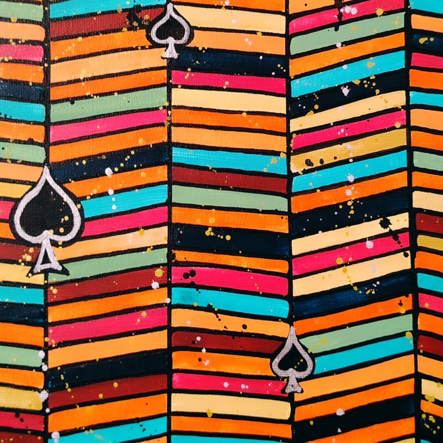 Détail de la peinture acrylique KOA Tu tombes à pique, motifs géométriques et texture colorée
