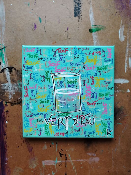 Peinture KOA Vert d’eau exposée dans l'atelier de l'artiste, œuvre contemporaine pop et décorative