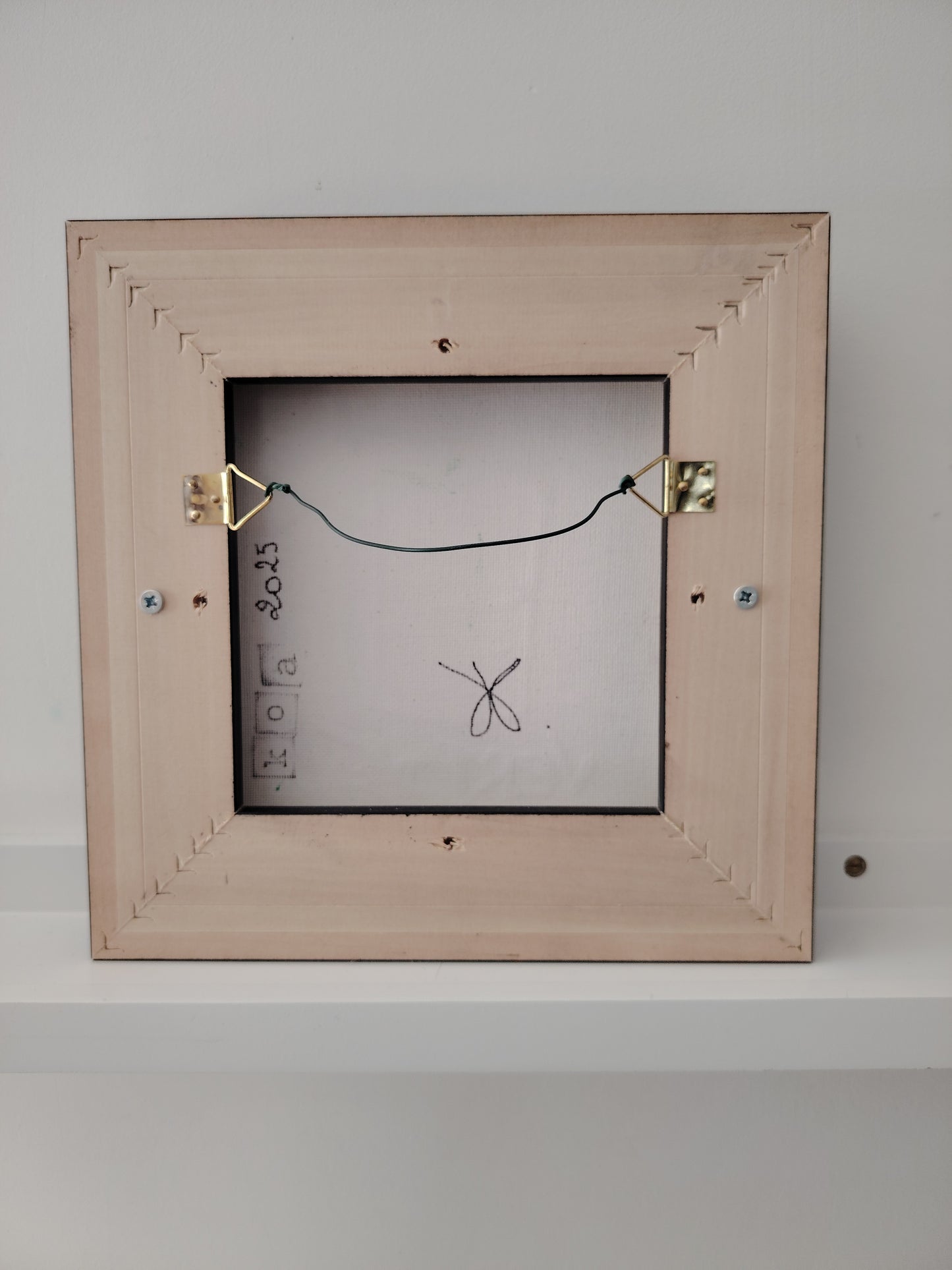 Revers de l’œuvre KOA Vert d’eau sur châssis bois, peinture originale contemporaine 20x20 cm