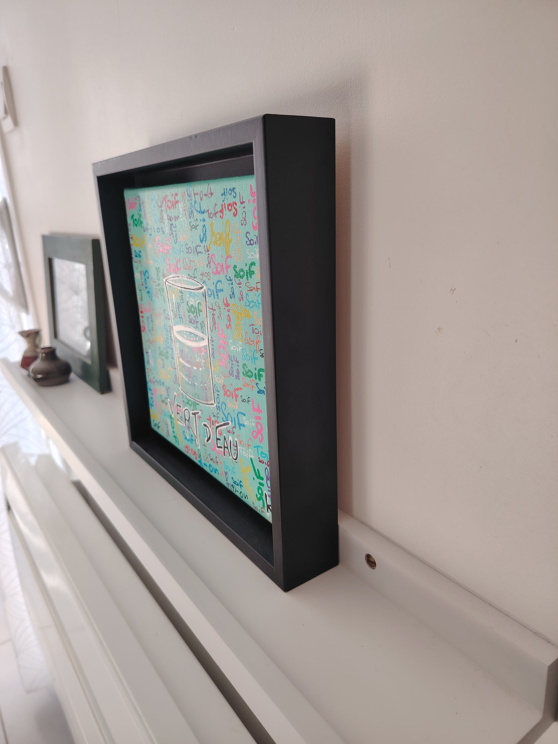 Côté de l’œuvre KOA Vert d’eau sur châssis bois, peinture originale contemporaine 20x20 cm