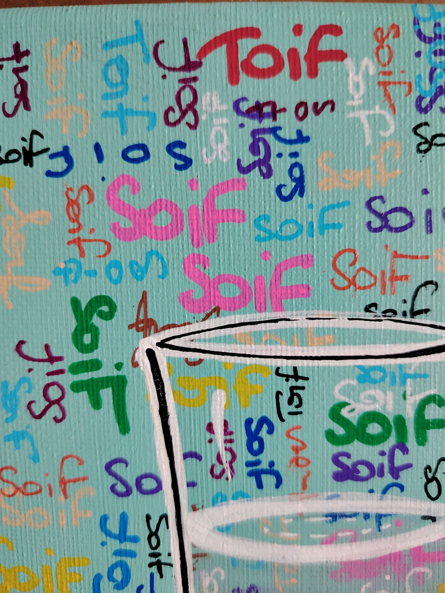 Détail de la peinture KOA Vert d’eau, composition graphique et typographie pop inspirée du street art