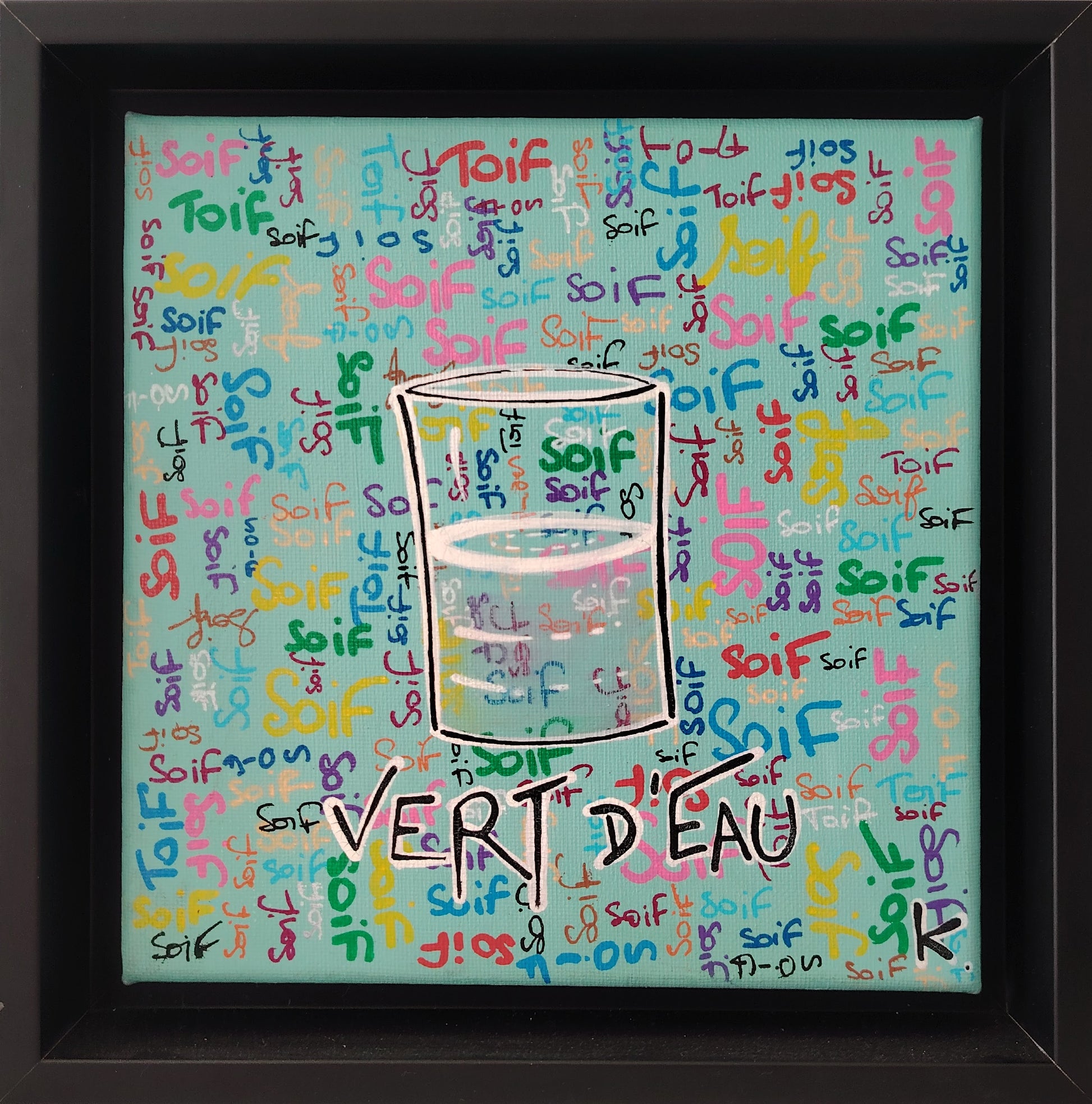 Œuvre originale KOA Vert d’eau peinture acrylique sur toile 20x20 cm art contemporain pop graphique et coloré avec caisse américaine