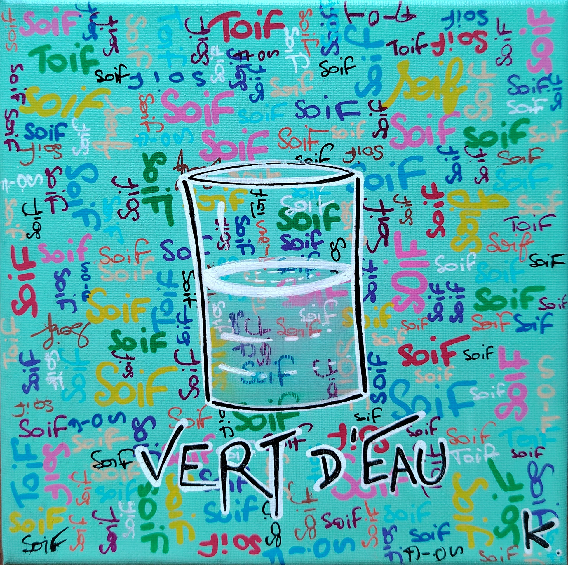 Œuvre originale KOA Vert d’eau peinture acrylique sur toile 20x20 cm art contemporain pop graphique et coloré